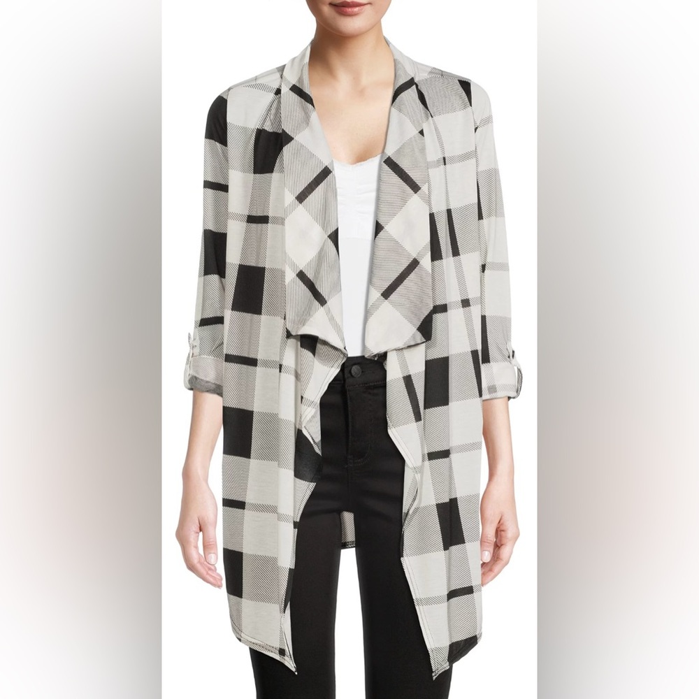 NWT New York Laundry Roll Tab Sleeve Drape Front Maxi Cardigan-Black/White-SizeL